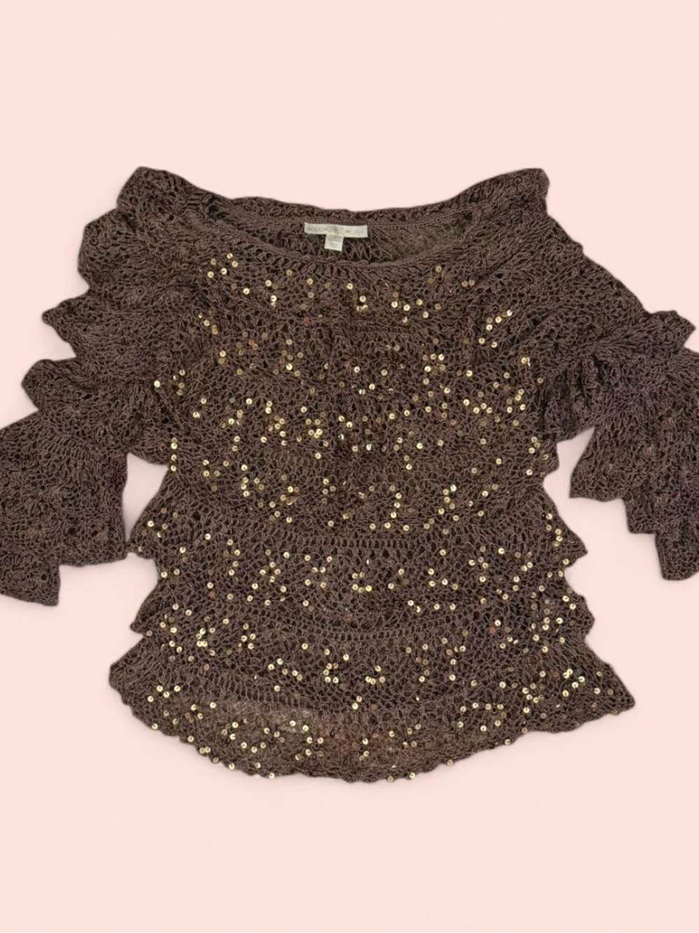 Boston Proper Brown Sequin Crochet Lace Ruffle Tunic Blouse Top M/L